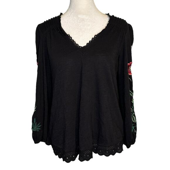 Anthropologie black long sleeve floral embroidered top size XS - Picture 2 of 12